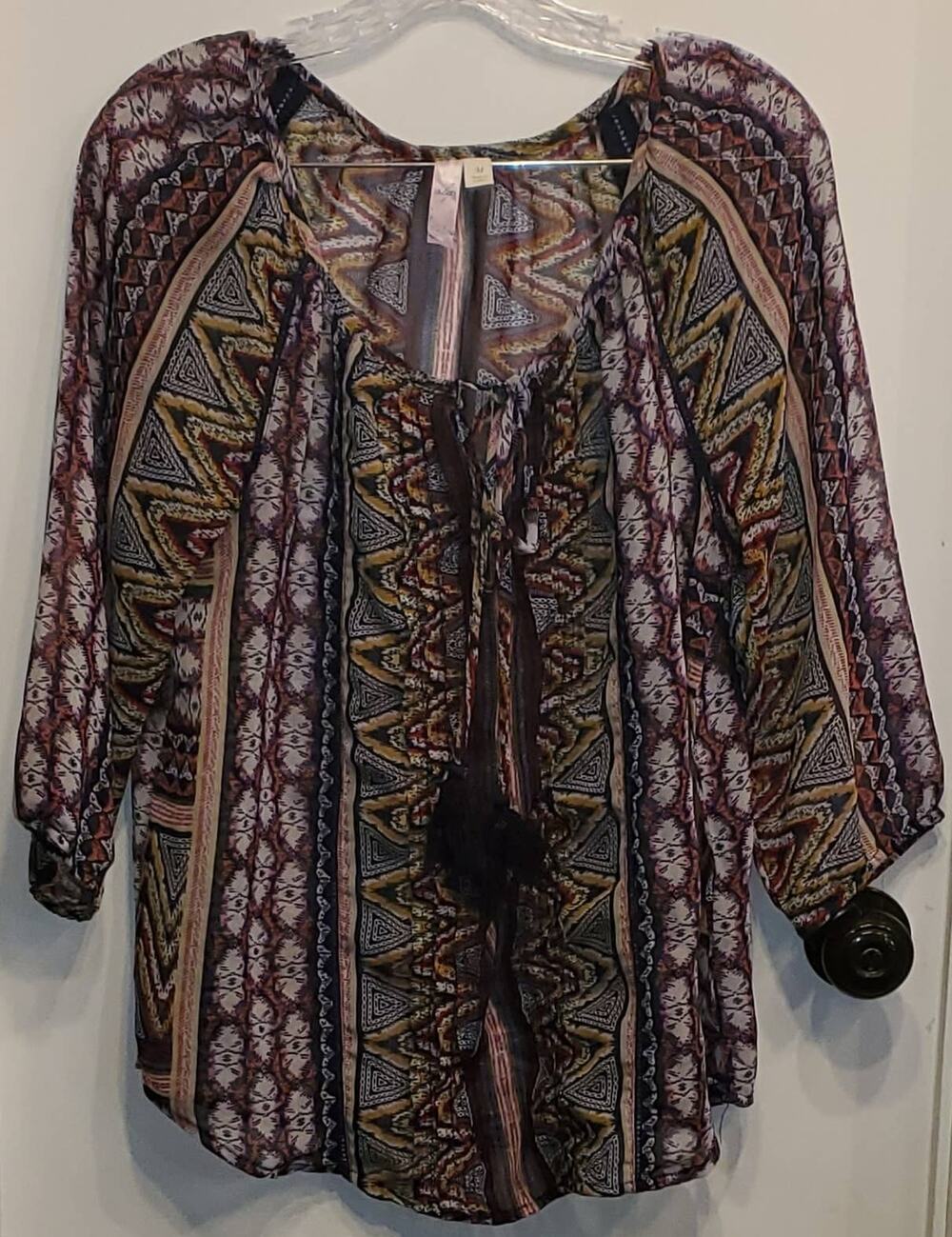 Alya Flowy Sheer Boho Aztec shirt 3/4 Sleeve with Tassels Size Medium